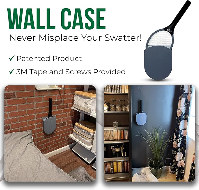 Electric Fly Swatter Racket, Electric Mosquito Swatter, Bug Zapper Racket, Electric Fly Bat with Patented Wall Case, Gray, Black (1 Pack)