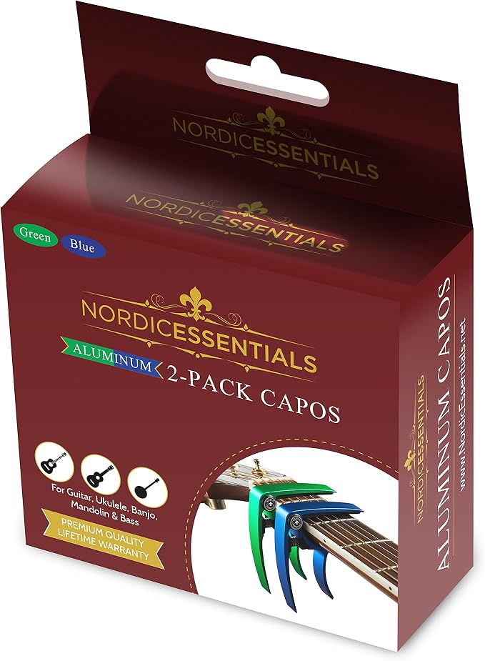 Guitar Capo (2 Pack) for Acoustic Guitars, Ukulele, Banjo, Mandolin, Bass - Made of Ultra Lightweight Aluminum Metal (1.2 oz!) for 6 & 12 String Instruments - Nordic Essentials (Green+Blue)