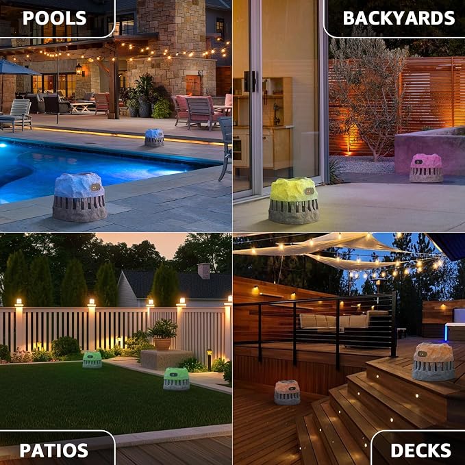2-Pack Solar Powered Rock Speakers Waterproof Patio 2 in 1 Charging 360° Outdoor Rock Speaker with Lights RGB, IP44 for Pool Party Yard Outside Garden(Grey)