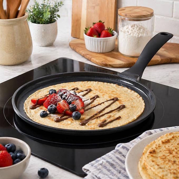 Alva Ceramic Nonstick Crepe Pan 11 Inch Flat Griddle Pan for Crepes, Pancakes, Eggs & Tortillas, PFAS-Free Aluminum Frying Pan, Induction Compatible Black, Dosa Tawa, Roti, Chapati Skillet