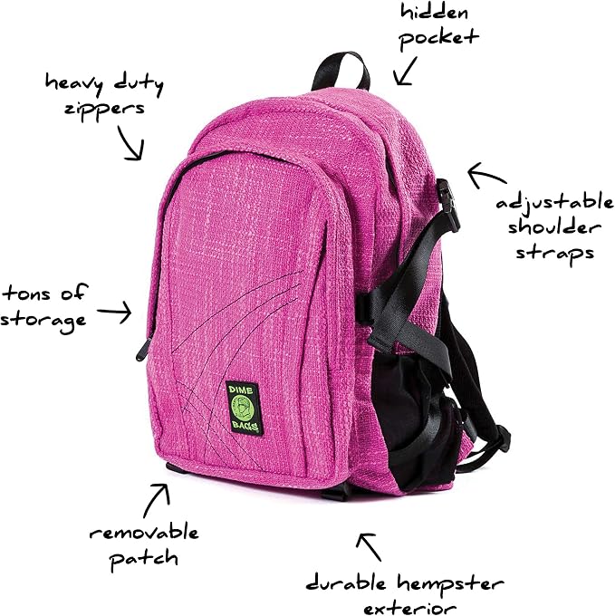 Dime Bags Backpack For Travel & School, Durable Hempster Material, 9 Storage Compartments & 2 Side Bottle Pockets, Fits 17” Laptop, Adjustable Padded Straps, Hidden Internal Pocket (Magenta)