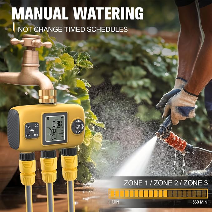 3 Outlet Programmable Hose Timer, Brass Inlet Rain Delay Watering Controller, for Yard Lawn, Real Time Start Countdown