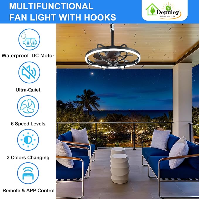 Depuley 20" Outdoor Ceiling Fan with Lights, Walnut and Black Waterproof Gazebo Hanging Fan with Remote App Control, Dimmable Plug in Caged Outdoor Ceiling Fans for patios Porch 6-Speeds