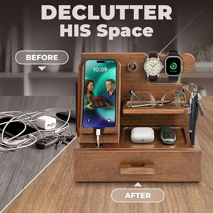 TESLYAR Wood Phone Docking Station with Drawer - Nightstand Organizer - Desk Organizer for Husband - Birthday Gifts for Men, Dad, Anniversary Idea, Key Holder Stand Watch & Accessories (Earth Beige)