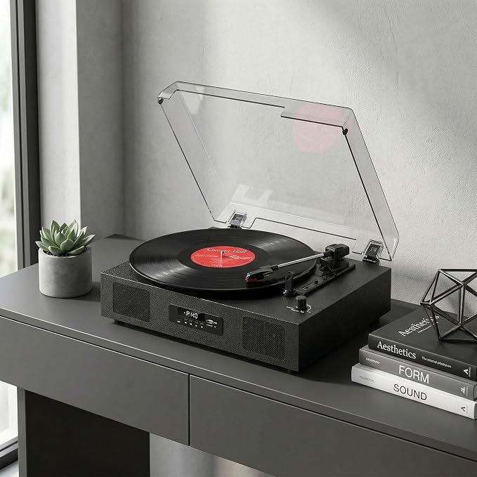 Vinyl Record Player with Built-in Stereo Speakers, Vinyl to USB Recording, Belt Drive 3 Speeds Turntables for Vinyl Records Support Bluetooth Input AUX RCA Output, Black