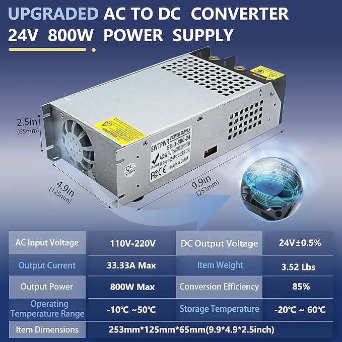 New Upgraded DIY SMPS 110V AC to DC 24V 33A 800W Power Supply Converter, 24v Power Supply,110V to 24V Voltage Transformer for Motor Pump CCTV 3D Printer Air Compressor Led (24V-33Amp-800W, 24V)