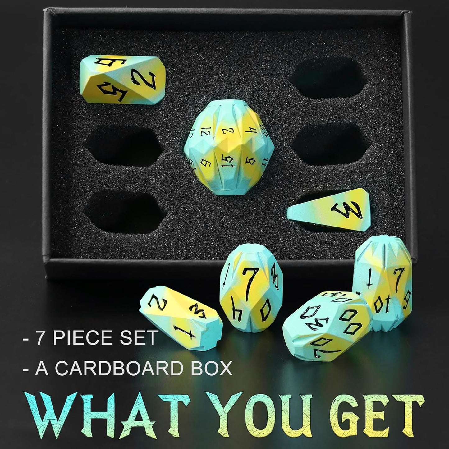 Metal DND Dice Set, Dungeons and Dragons DND Dice of 7 RPG Dice Set Metal Unique Cool Polyhedral D and D Dice with Cardboard Box for Role Playing Games TTRPG Gifts (Blue Yellow)