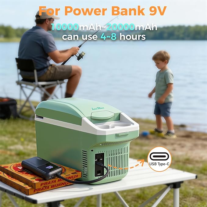Iceblue Electric Cooler with Type-C, 8 Liter /11 Cans Mini Fridge with Belt, 9V Type-C Thermoelectric Dual-use Car Refrigerator, Car Fridge for Car, Dorm, Travel, Picnic, Gift (Green)