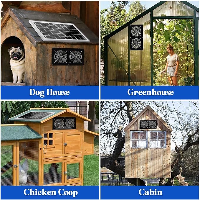HNRLOY Solar Exhaust Fans & Powered Fan with 15W Panel & 2-Pack High-Speed Brushless DC Fans,Solar Ventilation Fan for Greenhouses, Chicken Coops, Attics, Barns, Sheds & Dog Houses