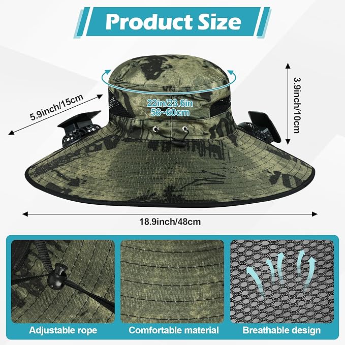 Wide Brim Sun Hat with 2 Solar Fans, UPF 50+, USB Charging for Fishing, Hiking, Beach | Solar Power Hat