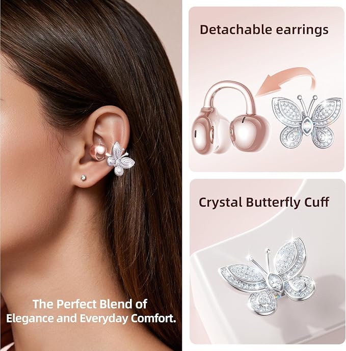 Kinglucky Clip-On Open Ear Earbuds with Detachable Butterfly Earrings, Bluetooth 6.0 Wireless Headphones for Women, 40H Playtime, Comfortable Fit for Small Ears, Sports, Glasses Wearers, Rose Gold