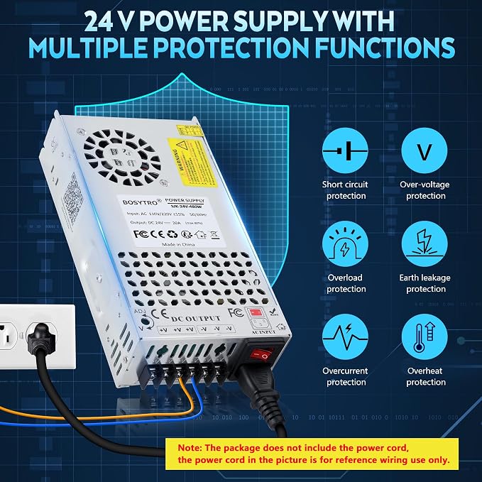Upgraded Output Port 24V 20A 480W DC Switching Power Supply, Universal Transformers AC110V/220V (SMPS), 24 Volt Power Supply for 3D Printer, CCTV Camera Security System（Without Power Cord）