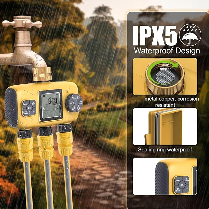 3 Outlet Programmable Hose Timer, Brass Inlet Rain Delay Watering Controller, for Yard Lawn, Real Time Start Countdown