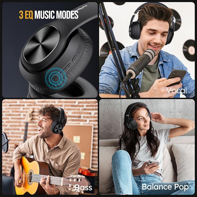 TuneFlux Wireless Bluetooth Headphones Over Ear, 80H Playtime, 3EQ Sound Modes, HiFi Stereo Headphones with Deep Bass Microphone, Foldable Bluetooth 5.3 Headsets for Smartphone/PC/Computer