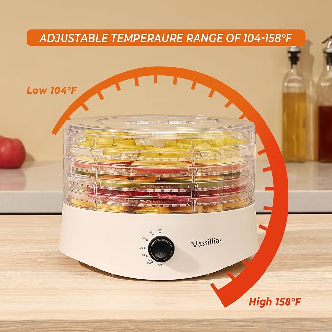 Small Food Dehydrator Dryer - Dehydrator for Healthy Food, Meat, Jerky, Fruit, Vegetable, Mushroom and Herb, 280W, 158°F, Mini Dryer with 5 BPA-Free Drying Trays, White, Model 704M