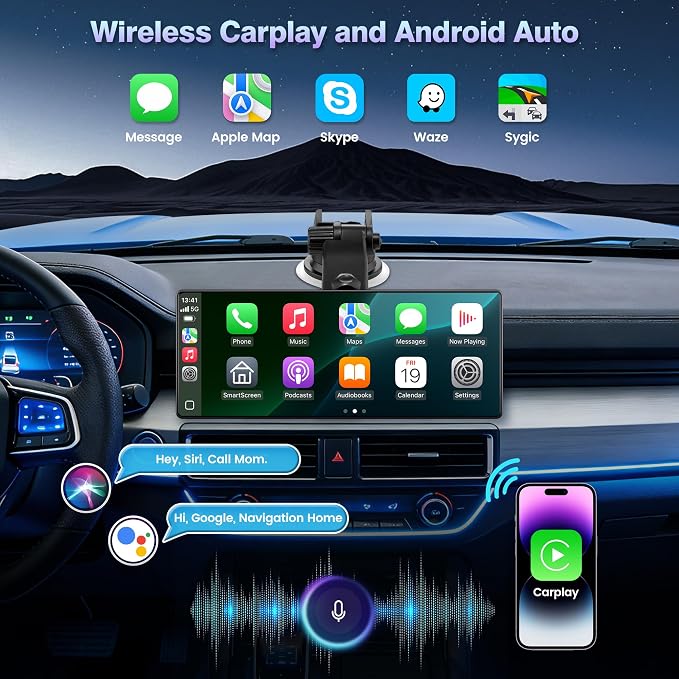 Carplay Screen for Car, 10.26'' Upgrade Wireless CarPlay & Android Auto Car Play Screen with OTA Updates,1080P Backup Cam (with a Cam Bracket), GPS Navigation, Voice Control for All Vehicles