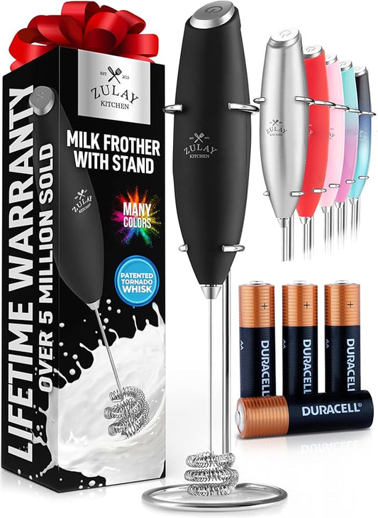 Zulay Kitchen Powerful Milk Frother Wand With Duracell Batteries - Ultra Fast Handheld Drink Mixer - Electric Whisk Foam Maker for Coffee, Lattes, Cappuccino & Matcha - Triple Whisk - Black
