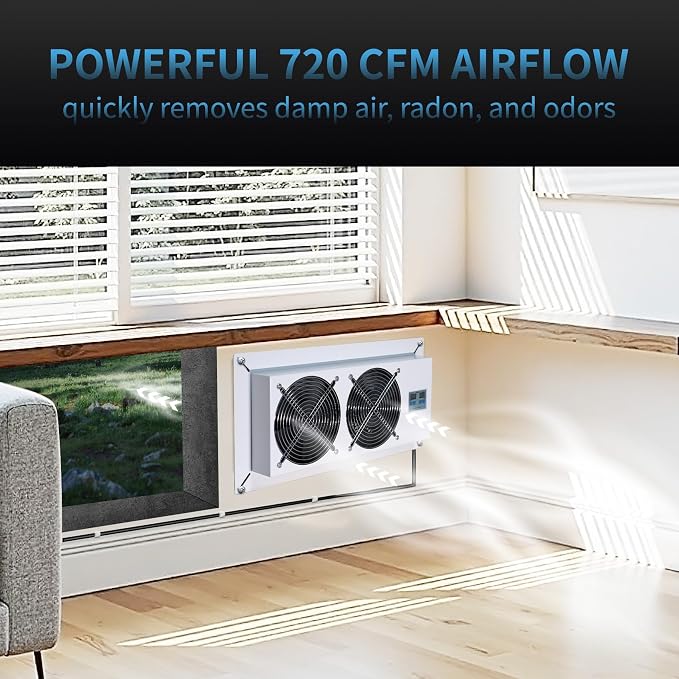 720 CFM Crawlspace Vent Fan, With Thermostat,Humidistat, For Moisture Reduction, Radon Mitigation, Freeze Protection, Ideal for Basement, Attic, Crawl Space Fan Vent(Air Out) 3-year warranty