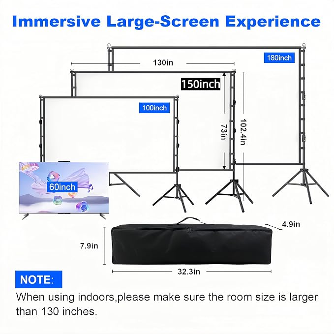 Outdoor Projector Screen with Stand, 150 inch Portable Projection Screen Wrinkle-Free 16:9 4K Rear Front Movie Screen with Carry Bag for Indoor Home Theater, Camping and Backyard Entertainment 150inch