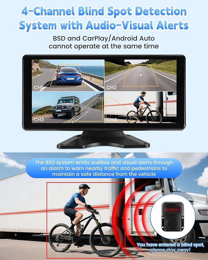 10.36" RV Camera System with CarPlay & Android Auto Touch Monitor | Wired 4CH 1080P IP69 Waterproof Backup Camera. BSD blind spot alert & DVR Loop Recording for Semi Truck, Trailer, Camper, RV