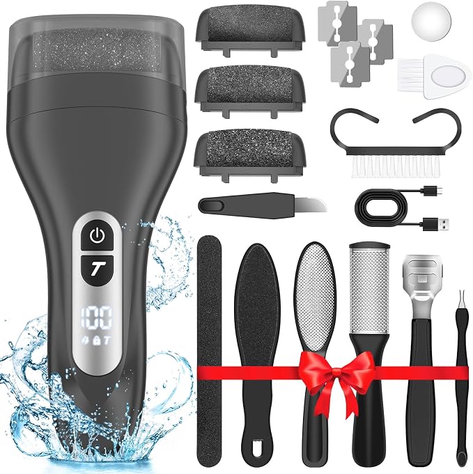 AdamPark Electric Foot File Callus Remover, Rechargeable Pedicure Tools Foot Care Kit, Portable Callus Remover Kit with 3 Roller Heads,2 Speed,Battery Display (Black KW)