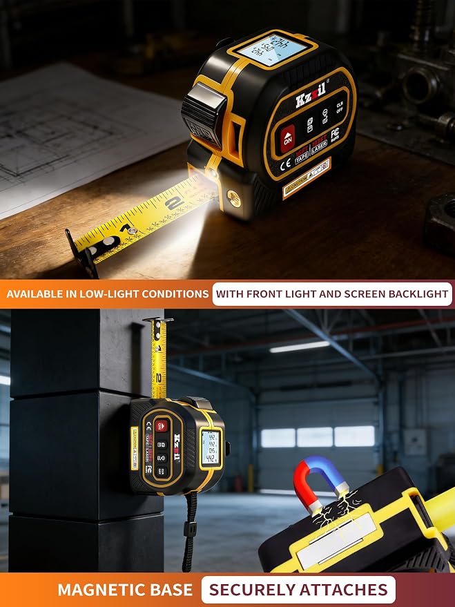 4-in-1 Tape Measure 196ft Laser Tape Measure 16ft Manual Tape with Fractional Readouts, Laser Measuring Tool with Backlit LCD, Magnetic Hook & Base - Area/Volume, for Woodworking & DIY
