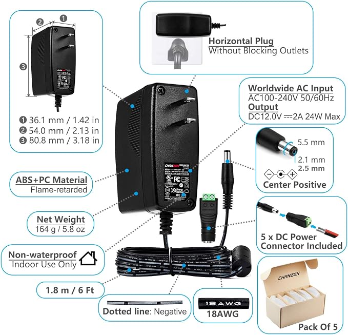 CHANZON 12V 2A UL Listed 24W AC DC Switching Power Supply Adapter (Input 100-240V, Output 12 Volt 2 Amp 24 Watt 6Ft Cord) Wall Wart Transformer Charger for DC12V CCTV Camera LED Strip Light (5-Pack)