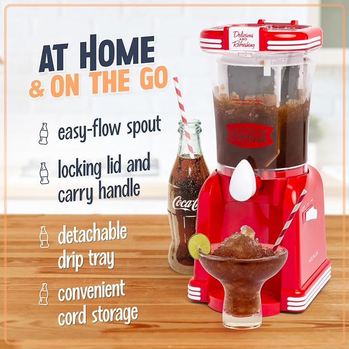 Nostalgia Coca-Cola Frozen Drink Maker and Margarita Machine for Home - 32-Ounce Slushy Maker with Stainless Steel Flow Spout - Easy to Clean and Double Insulated - Red