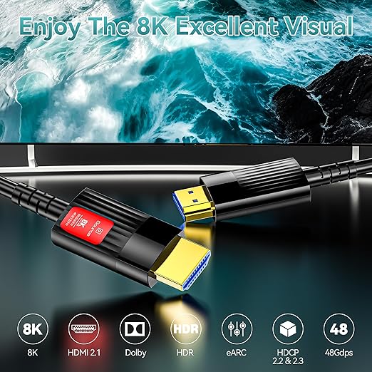 Fiber Optic HDMI Cable 20FT/6M, Long HDMI 2.1 Cable Support 48Gbps High Speed 8K@60Hz 4K@120Hz Dynamic HDR/eARC/HDCP 2.2&2.3/Dolby Atmos for Monitor,TV,Projector, Gaming Console
