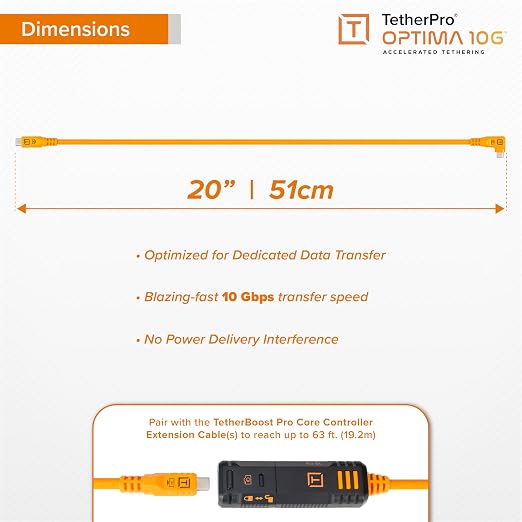 Tether Tools TetherPro Optima 10G USB-C to USB-C Data Transfer Cable, 20″ Straight to Right-Angle “Pigtail” Adapter, High Visibility Orange – Tethering Cable for Photographers & Digital Techs