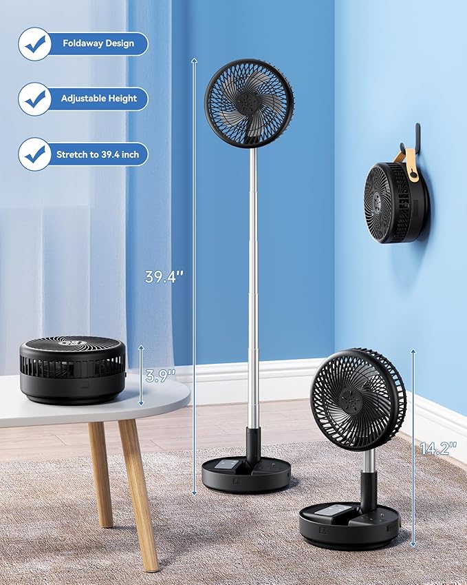 Portable Oscillating Travel Fan, 10400mAh Battery Operated Rechargeable USB Floor Table Desk Fan with Remote, 4 Speed Settings Pedestal Fan for Home Bedroom Office Camping, Black 8"