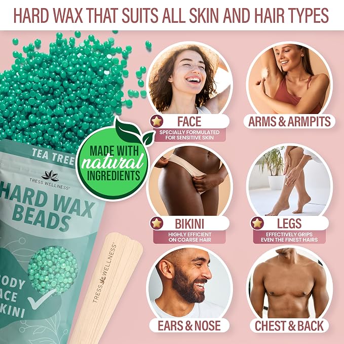 Tress Wellness Waxing Kit for Sensitive Skin – Safe for Face & Skin, Easy to Use – At-Home Kit for Face, Bikini, Brazilian & Full Body - Pink, No Display