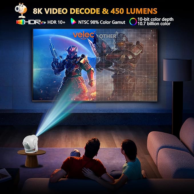 【8K Video Decode / Android 14.0】Mini Smart Projector with WiFi 6 and Bluetooth 5.4, 450 ANSI Support 4K 1080P, Portable Outdoor Movie Projectors, Auto Keystone Correction, 270° Rotatable Proyector