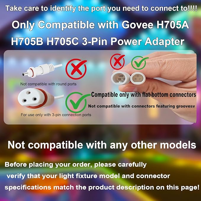 36V Waterproof Power Supply for Govee Permanent Outdoor Lights Only Compatible with Govee H705A H705B H705C Power Adapter Cord 3 Pin White(Non-Compatible Barrel connectors)