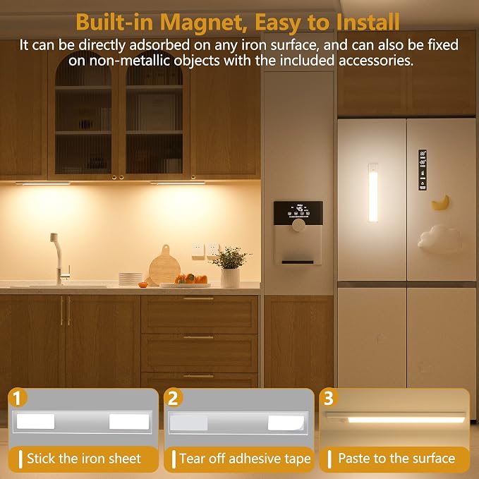 3 Pack Under Cabinet Lights, 32 LED Warm White Rechargeable Under Cabinet Lighting Motion Sensor LED Lights for Kitchen, Counter, Closet, Stairs (Silver - Warm White Light, 8.07 Inch - 3 Pack)