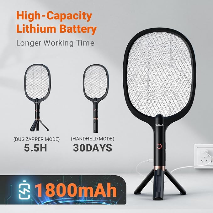 YsChois Electric Fly Swatter Racket, Rechargeable Fly Zapper - 4000 Volt, Exclusive 2-in-1 Bug Zapper Racket - USB Charging, 1800mAh Li-Battery, Indoor & Outdoor Use, Black, 2 Packs