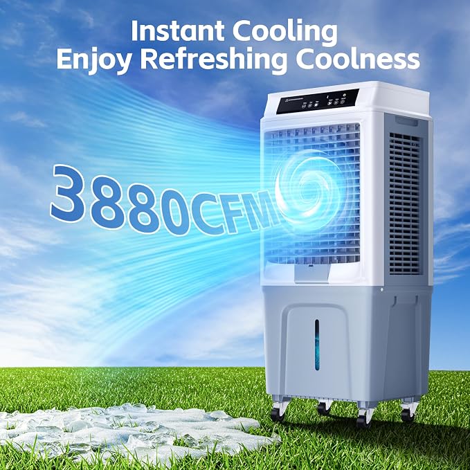 Uthfy Swamp Cooler, 3880CFM Evaporative Air Cooler with 10.6 Gal Water Tank, 120° Oscillation, 12H Timer, Remote, Ultra Quiet Cooling Fan, Outdoor Air Conditioner for Garage Patio Large Room