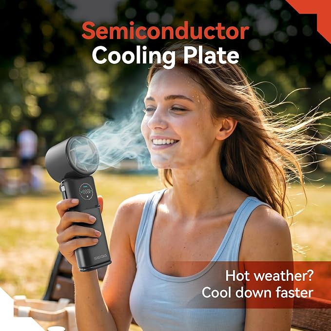 SEIGA Pro Metal Ice Fan with Cooling Plate & 9000mAh Power Bank, 10500 RPM 100-Speed Handheld Fan, 22.5W Fast Charge, USB-C Cable & Flashlight for Travel & Summer