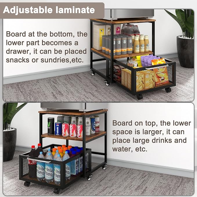 PUNCIA 19.7"x19.7" Mini Fridge Stand 3-Tier Storage Beverage Fridge Table | 220-lb Capacity Beverage Refrigerator Table, Heavy Duty Rolling Organizer with Drawers for Dorm Apartment Office Bedroom