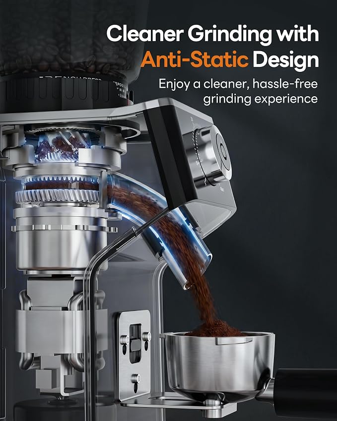Aromaster Burr Coffee Grinder with 45 Grind Settings,Adjustable 5–40s Timer,Stainless Steel Conical Coffee Bean Grinder for Espresso,Pour Over & French Press, Anti-Static,Easy Clean Brush for Home Use