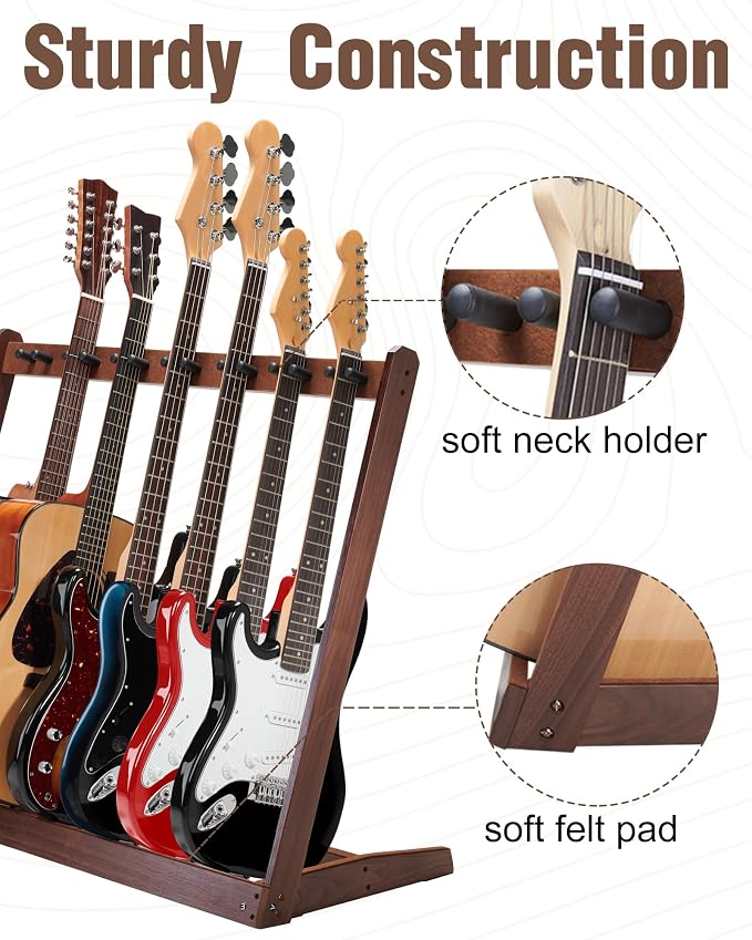Multiple Guitar Stand, Black Walnut Wood Multi Guitar Rack for 5 Acoustic, 7 Electric or 7 Bass, Hardwood Instrument Racks for Men, Wooden Floor Acoustic Stand for Home Decor, Studio Display