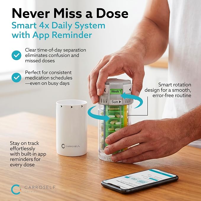 Pill Dispenser with App Reminder – Easy-to-Use Pill Organizer for 4 Daily Doses, AM/PM Supplement and Vitamin Organizer for Senior & Adults, Easy-Slide Storage for Medication Use | No Batteries Needed
