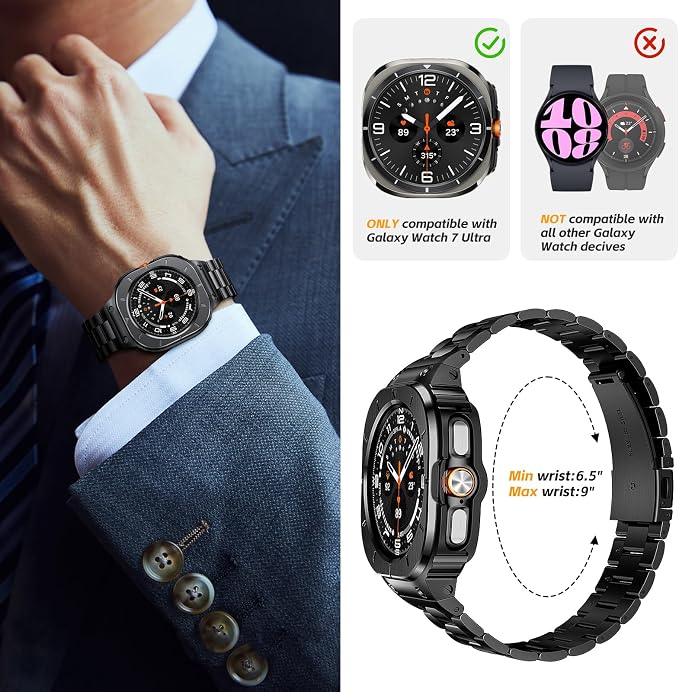SUPLINK Stainless Steel Bands Compatible with Samsung Galaxy Watch Ultra Band for Men (2025/2024), Adjustable Metal Band Protective Bumper for Galaxy Watch Ultra Case Accessories 47mm,Black