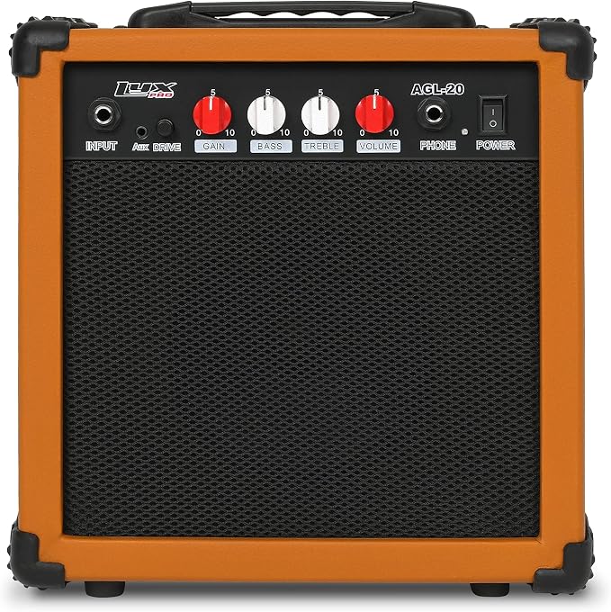 LyxPro Electric Guitar Amp 20 Watt Amplifier Built in Speaker Headphone Jack and Aux Input Includes Gain Bass Treble Volume and Grind - Mahogany