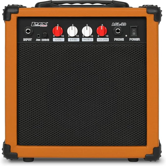 LyxPro Electric Guitar Amp 20 Watt Amplifier Built in Speaker Headphone Jack and Aux Input Includes Gain Bass Treble Volume and Grind - Mahogany