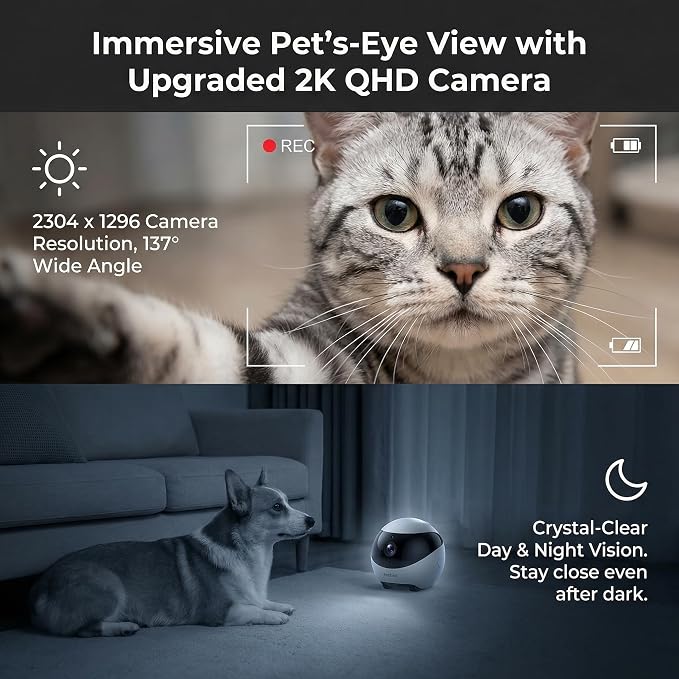 Mini Pet Camera Robot - Enabot EBO ROLA 2K HD Indoor Movable Camera with 5000mAh Battery, Two-Way Talk, Night Vision, Motion Detection, One-Touch Call for Pet Monitoring & Family Companion
