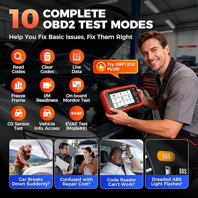 Launch CRP 123X Plus 2026 OBD2 Scanner Diagnostic Tool, All System Car Scan Tool Lifetime F.Ree Update, Oil Reset, SAS Calibration, Throttle Adaptation, Auto VIN, Battery Test, Upgraded of CRP123X