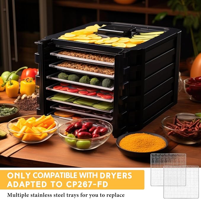 Baderke 13 x 12 Inches Dehydrator Trays Compatible with CP267-FD Only Stainless Steel Dehydrator Drying Mesh Screens Stainless Steel Tray for Drying Fruit Food(2 Pcs)