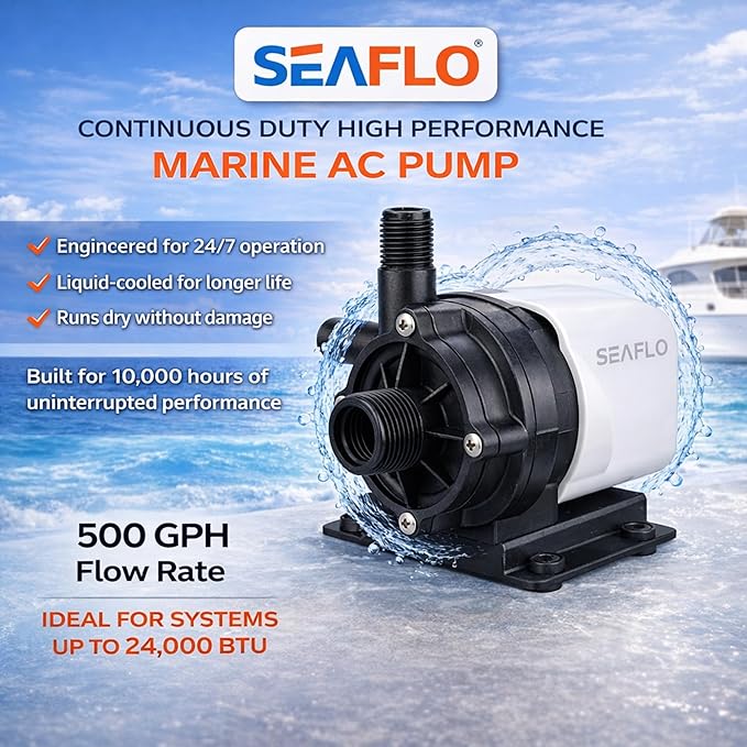 SEAFLO 500 GPH Marine Air Conditioning Pump 115V, 8.5 GPM Magnetic Drive Circulation Pump, 19 ft Head, Continuous Duty HVAC Pump for AC Systems up to 16,000 BTU, 4-Year Warrant