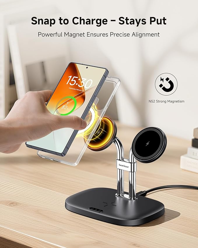 Dual Magnetic Charger for Samsung S26 Ultra, Dual Phone Charger for Samsung Galaxy S26/S25/S24/S23 Series, for iPhone 17/16/15/14 Series, for Galaxy Buds 4 Pro/4/3 Pro/3, SwanScout 706SM